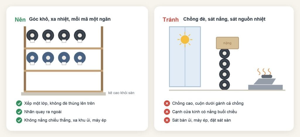 Cách bảo quản dây thun ở xưởng trước khi lên chuyền may 5 Cách xếp cuộn dây thun trên kệ kho: mỗi mã một ngăn, một lớp, kê cao, tránh chồng đè, tránh nắng và nguồn nhiệt