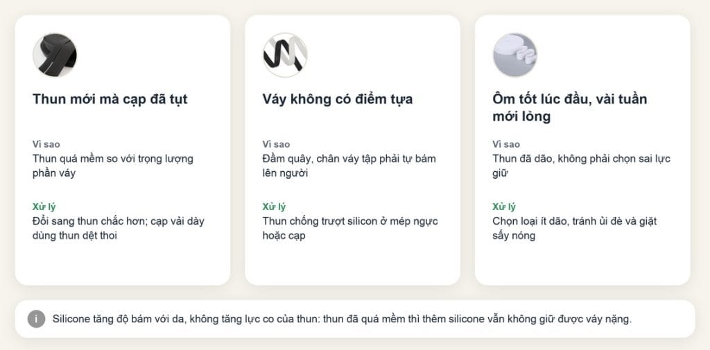 Dây thun may váy: chọn đúng loại cho cạp, eo và thân nhún 6 Ba tình huống cạp váy chun bị tụt và loại dây thun may váy nên dùng