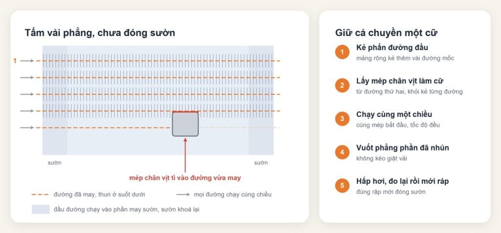 Cách may chỉ thun: chỉnh máy, chạy nhún đều, kiểm mẫu 5 Cách chạy nhiều đường chỉ thun song song trên tấm vải phẳng, lấy mép chân vịt làm cữ