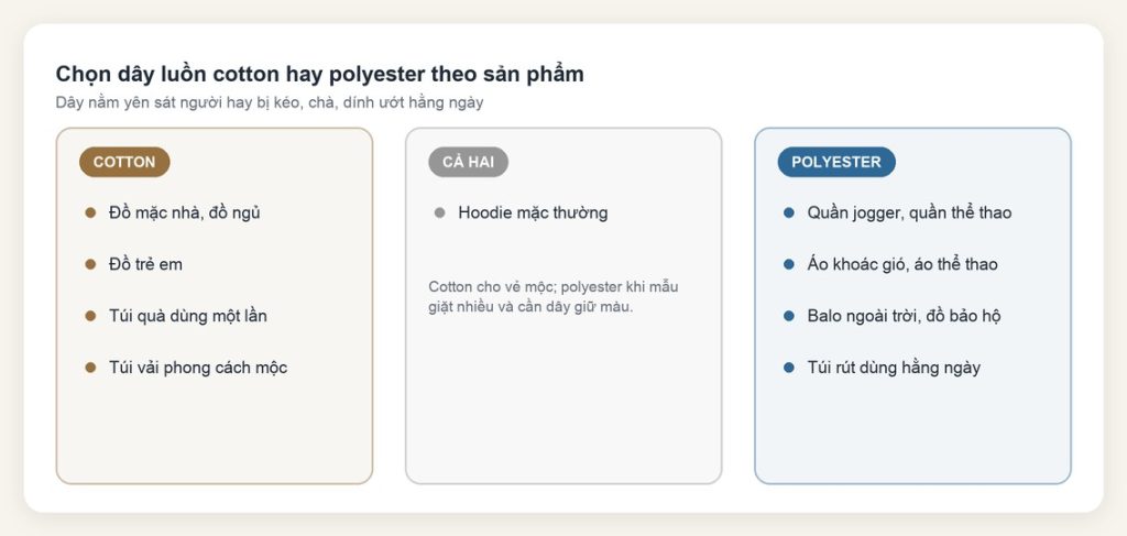 Dây luồn cotton và polyester: chọn theo sản phẩm may 6 Nhóm sản phẩm hợp dây luồn cotton, nhóm hợp dây luồn polyester và hoodie dùng được cả hai