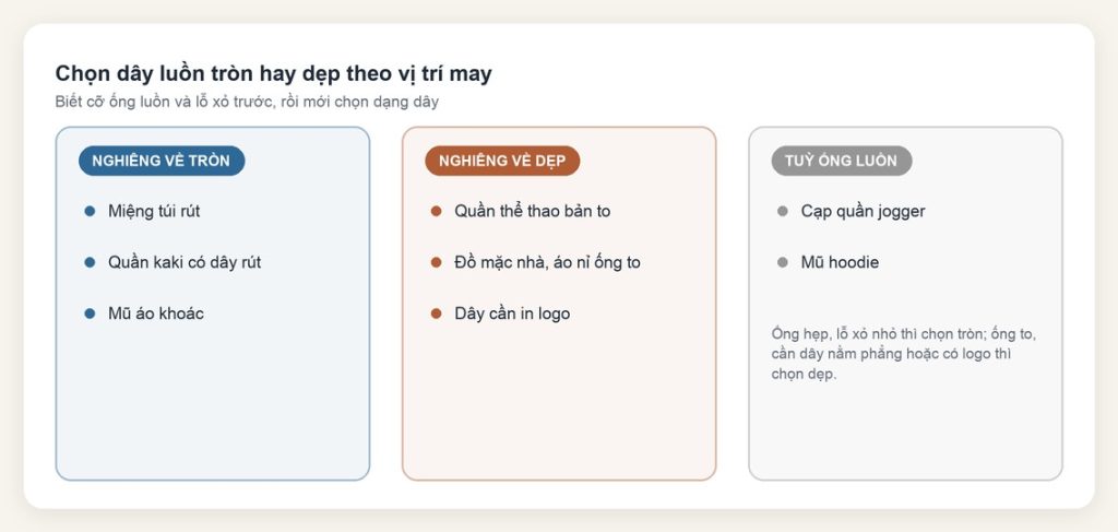 Dây luồn tròn và dây luồn dẹp: chọn dạng nào cho quần áo? 6 Vị trí may nghiêng về dây luồn tròn, vị trí nghiêng về dây luồn dẹp và vị trí tuỳ ống luồn