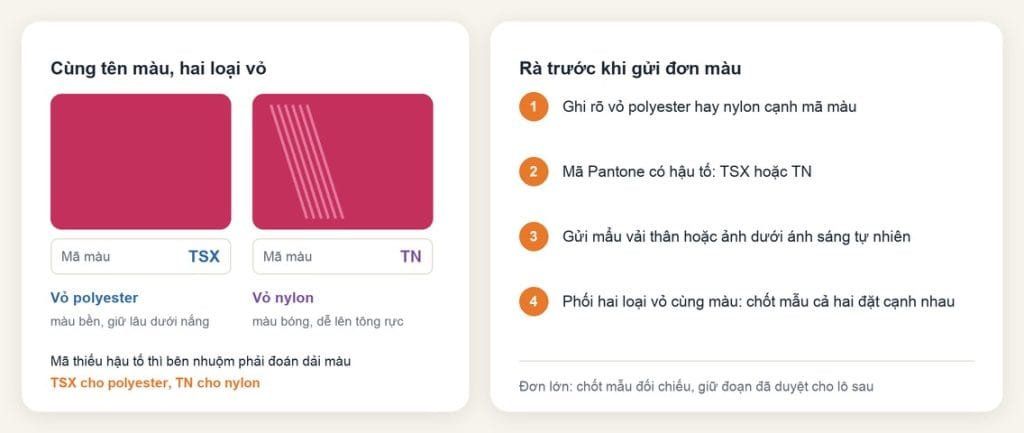Dây thun polyester và nylon: chọn vỏ bọc nào cho đơn hàng 6 Đặt màu dây thun theo loại vỏ: hậu tố Pantone TSX cho polyester, TN cho nylon