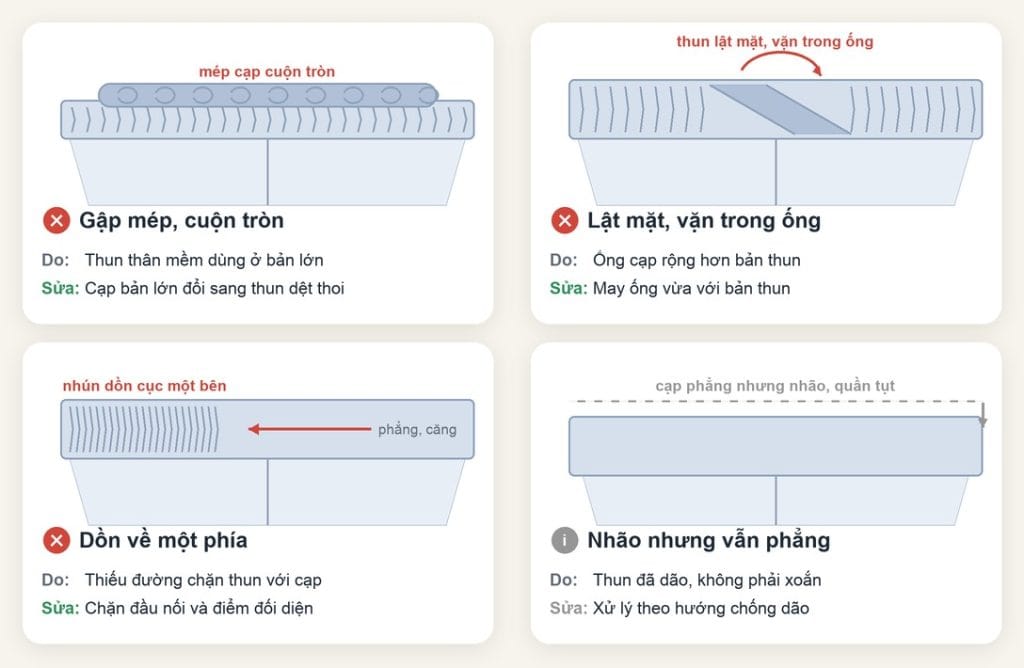 Bốn dấu hiệu chun quần bị xoắn: gập mép, lật trong ống, dồn một phía và cạp nhão do dão