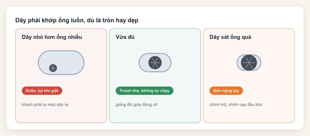 Dây luồn tròn và dây luồn dẹp: chọn dạng nào cho quần áo? 5 Dây luồn nhỏ hơn ống thì xoắn và tụt, vừa đủ thì trượt nhẹ, sát ống quá thì kéo nặng tay