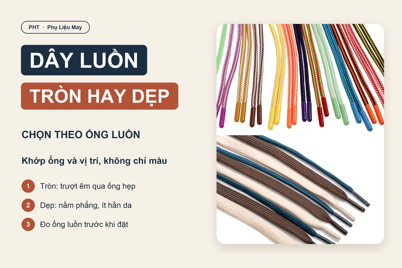 Dây luồn tròn và dây luồn dẹp: chọn dạng nào cho quần áo? 7 Dây luồn tròn và dây luồn dẹp may mặc: chọn theo ống luồn và vị trí may