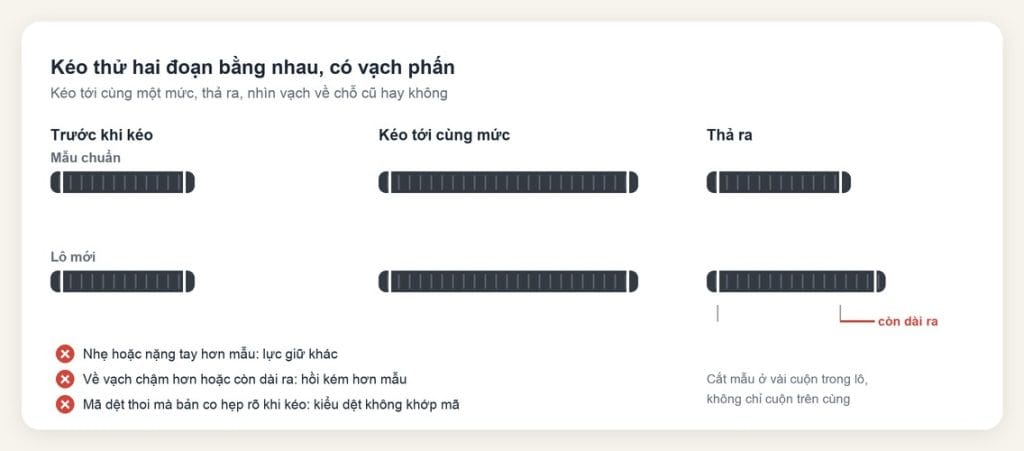 Kéo thử đoạn dây thun lô mới cạnh mẫu chuẩn có vạch phấn, đoạn lô mới hồi kém còn dài ra sau khi thả