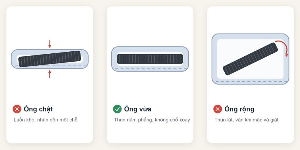 Mặt cắt ống cạp chật, vừa và rộng so với bản thun