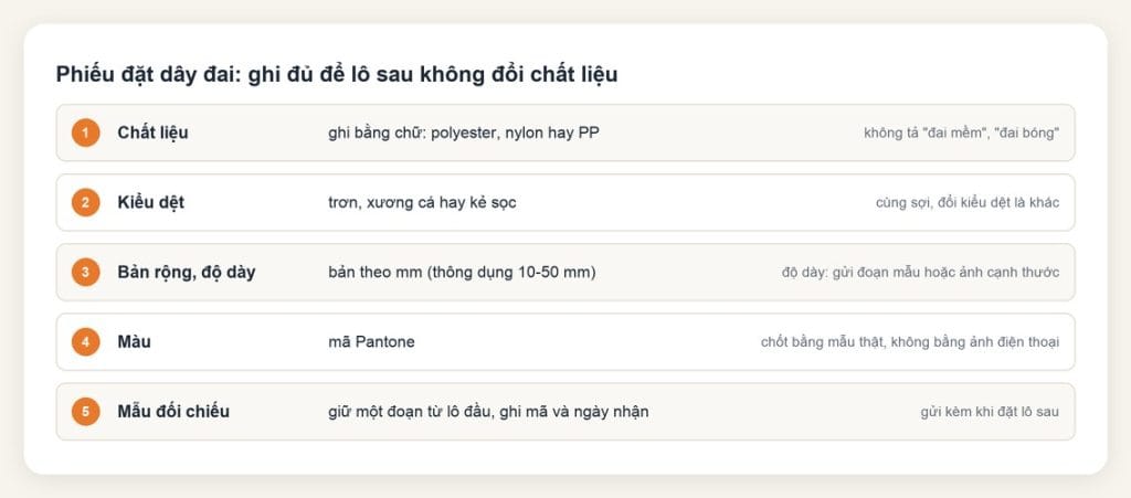 Dây đai polyester và nylon: chọn cho quai balo, quai túi 6 Phiếu đặt dây đai ghi chất liệu, kiểu dệt, bản rộng, màu Pantone và mẫu đối chiếu