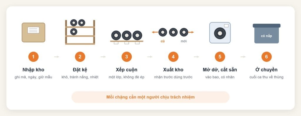 Cách bảo quản dây thun ở xưởng trước khi lên chuyền may 4 Sáu chặng bảo quản dây thun ở xưởng trước khi may: nhập kho, đặt kệ, xếp cuộn, xuất kho, cuộn mở dở, thun ở chuyền